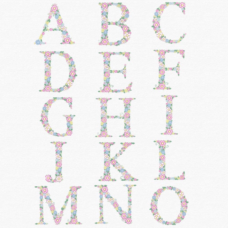 Pu&ograve; includere: Lettere dell'alfabeto floreale dalla A alla O, ogni lettera &egrave; riempita con un motivo di fiori rosa, blu e gialli. Le lettere sono visualizzate su uno sfondo bianco.