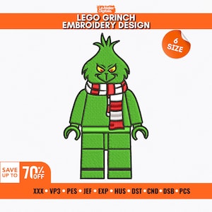 May include: Green LEGO Grinch embroidery design with a red and white scarf. The design features the text "LEGO GRINCH EMBROIDERY DESIGN" at the top. A sticker indicates "6 SIZE" and a banner shows "SAVE UP TO 70% OFF".