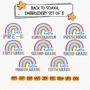 8 Preppy Back to School Embroidery Design, Preppy Rainbow Embroidery File, First Day of School Dst Pes Jef file, Pre-k 1st/2nd/3rd/4th Grade