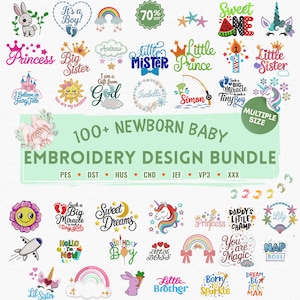 以下が含まれることがあります： 「Little Prince」「Big Sister」「Sweet Dreams」などのフレーズが特徴の、新生児向けのカラフルな刺繍デザインのコレクション。虹、ユニコーン、ウサギの画像が含まれています。「100+ Newborn Baby Embroidery Design Bundle」というテキストも表示されています。