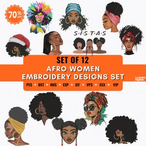 Peut inclure: Ensemble de 12 motifs de broderie de femmes afro. Les illustrations présentent des femmes avec diverses coiffures et accessoires. L'image comprend le texte "SET OF 12 AFRO WOMEN EMBROIDERY DESIGNS SET" et un badge "70% OFF".