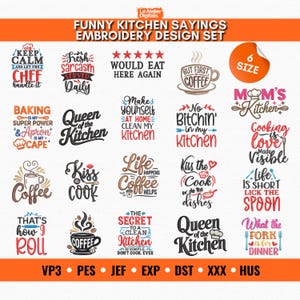 Paquete de diseños de bordado para cocina, frases divertidas de chef, regalos e iconos de la cocina, archivos de bordado a máquina PES