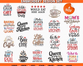 Paquete de diseños de bordado para cocina, frases divertidas de chef, regalos e iconos de la cocina, archivos de bordado a máquina PES