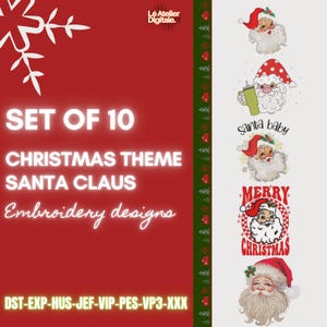 Santa Embroidery Designs, Merry Christmas, Believe, Santa Baby Set of 10 Vintage Santa Claus Machine Embroidery Files, Instant Download