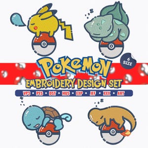 Op de afbeelding: Een digitaal borduurontwerp-set met vier slapende figuren, elk rustend op een rood-witte Poké Ball. De tekst luidt POKEMON EMBROIDERY DESIGN SET met de bestandsformaten VP3, PES, DST, HUS, EXP, JEF, XXX en ART eronder vermeld.