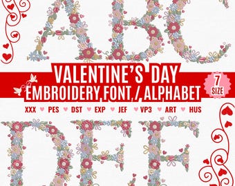Pacchetto di caratteri e alfabeti con ricamo floreale per San Valentino, file di lettere maiuscole con fiori dalla A alla Z