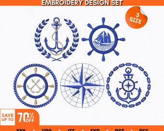 Nautisches Stickmuster Set: Anker, Segelboot, Kompass, Steuerrad & Marine Maschinenstickdatei (Digitaler Download)
