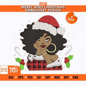 May include: An embroidery design featuring a Black woman winking, wearing a Santa hat and a red and black plaid outfit. The design includes candy canes, holly, and the text "MERRY AFRO CHRISTMAS EMBROIDERY DESIGN".