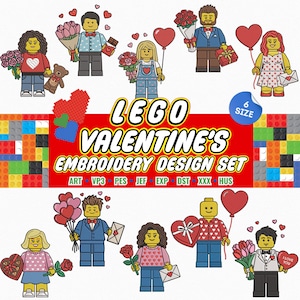 May include: A digital embroidery design set featuring Lego-style figures holding Valentine's Day gifts like flowers, balloons, and heart-shaped boxes. The text "LEGO VALENTINE'S EMBROIDERY DESIGN SET" is displayed in red and white.