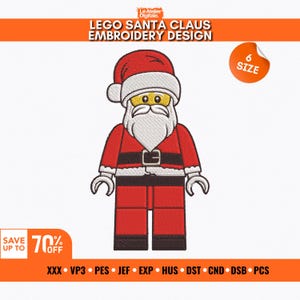 May include: An embroidered design of Santa Claus in a Lego style. The design features a red Santa hat, suit, and white beard. The image includes the text "LEGO SANTA CLAUS EMBROIDERY DESIGN" and a "6 SIZE" sticker.
