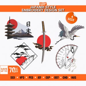 May include: A digital embroidery design set with a Japandi style theme. The set includes designs of a pagoda, Mount Fuji, a crane, a katana, and a fox mask. The image also includes the text "Japandi Style Embroidery Design Set" and "Save up to 70% off".