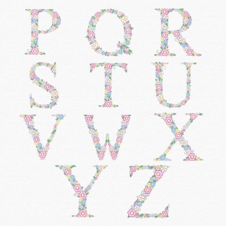 Pu&ograve; includere: Lettere dell'alfabeto floreale dalla P alla Z, in colori pastello. Ogni lettera &egrave; composta da piccoli fiori rosa, blu e gialli con foglie verdi. Le lettere sono su sfondo bianco.