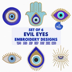 May include: A collection of six embroidered evil eye designs in different shapes and styles. The designs use blue, gold, and white colours. The text "SET OF 6 EVIL EYES EMBROIDERY DESIGNS" is displayed in the centre of the image.