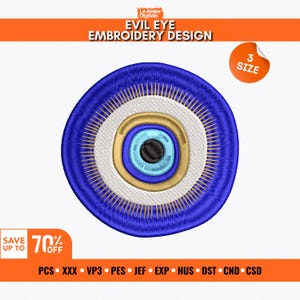 Puede incluir: Diseño de bordado detallado de un ojo turco, con círculos concéntricos en azul, blanco, dorado y negro. El diseño es circular con el texto "EVIL EYE EMBROIDERY DESIGN" en la parte superior. Un adhesivo indica "3 SIZE".