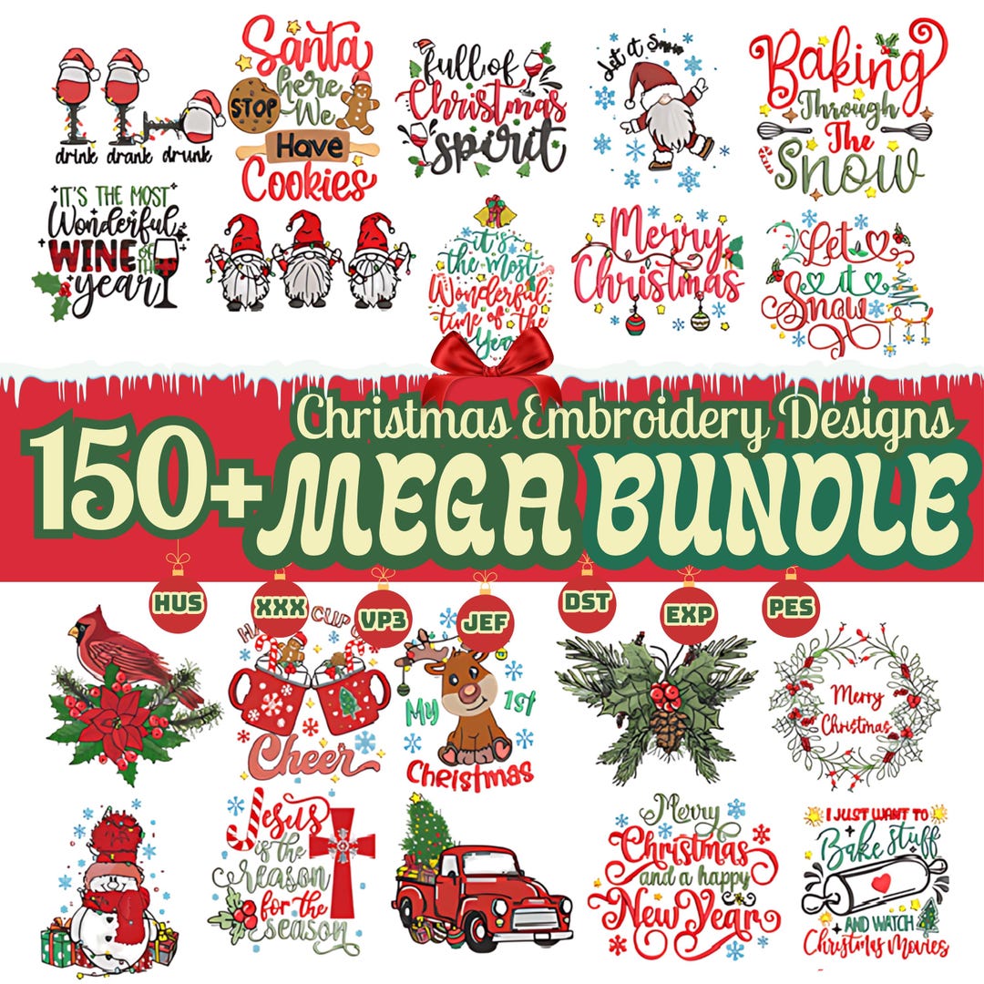 Christmas Embroidery Designs, 150+ Mega Bundle, PES JEF HUS Files ...