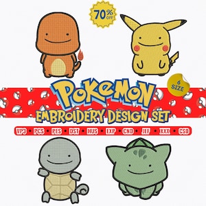 May include: An embroidery design set featuring four cartoon characters: Charmander, Pikachu, Squirtle, and Bulbasaur. The word "Pokemon" is in a blue and yellow font. The text "Embroidery Design Set" is below the Pokemon logo. A yellow sticker says "6 SIZE".