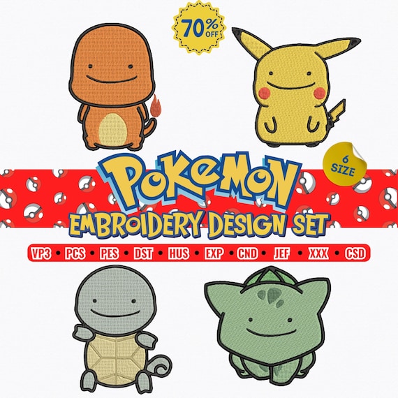 Anime Embroidery Pokemons Designs, Japan Kawaii Manga Style Ditto Face Pikachu, PES DST File
