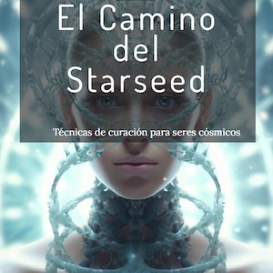 Könnte beinhalten: Digitales Kunstbild mit dem Gesicht einer Frau und dem Text "El Camino del Starseed" und "Técnicas de curación para seres cósmicos." Das Kunstwerk hat eine futuristische, ätherische Ästhetik mit Blau- und Weißtönen, und der Name "Astra Nova" steht unten.