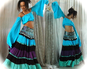 Belly dance Costume set TALIKA - turquoise black purple aqua Gypsy style costume - full skirt with beaded belt and matching top