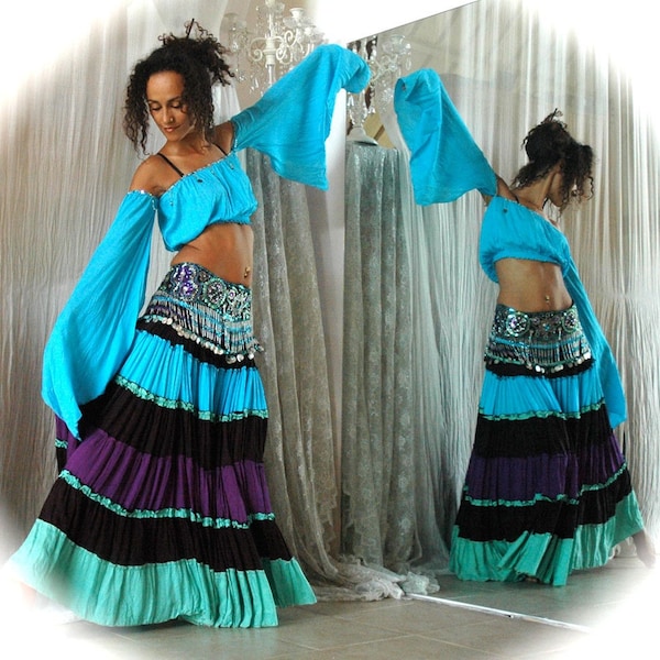 Belly dance Costume set TALIKA - turquoise black purple aqua Gypsy style costume - full skirt with beaded belt and matching top