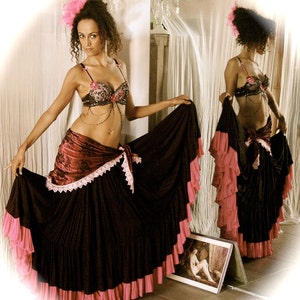 Belly dance Costume set ISABELLA black and hot pink Burlesque style bra with Gypsy style velvet Shawl belt and full skirt image 1