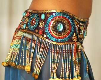 Perfectly Beautiful Belly Dance belt beaded sequined in maroon red turquoise and gold