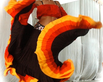 Belly Dance Costume Set ROSITA - black Flamenco Gypsy style skirt with red orange yellow bands and matching Gypsy top with beaded belt