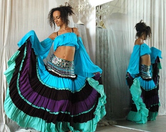 Belly Dance Costume Set TALIKA Turquoise Black Purple Aqua Gypsy Style  Costume Full Skirt With Beaded Belt and Matching Top 