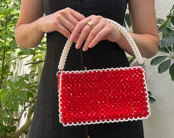 Red Beaded Bag with Pearl Trim, Evening Purse for Party & Date Night, Handmade Crystal Statement Handbag