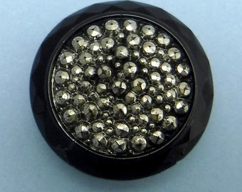 Vintage Glass Button large Black Hematite Art Deco Ornate Vintage Button 374