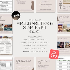May include: A pre-filled Airbnb Arbitrage Starter Kit with editable templates. Includes a welcome book, house rules, cleaning checklist, income & expense tracker, guest review tracker, and a landlord pitch PDF. The Canva logo is visible.