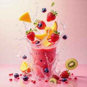 Könnte beinhalten: Ein rosa Smoothie mit Spritzeffekt, umgeben von frischen Früchten. Erdbeeren, Blaubeeren, Mango, Kiwi und Orangenscheiben schweben in der Luft und erzeugen eine dynamische und erfrischende Szene.