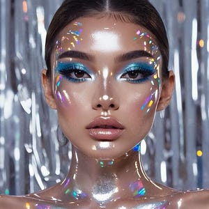 Può includere: Primo piano di una persona con ombretto blu vibrante e accenti iridescenti e scintillanti su viso e collo. Il trucco è ambientato su uno sfondo argentato e riflettente, creando un'estetica futuristica e glamour.