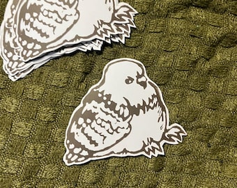 May include: White and brown owl stickers on a green textured surface. The stickers feature a detailed illustration of an owl with brown markings and a white body. The stickers are cut out and ready to use.