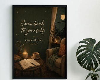 Cozy Night Reading Room Poster with Wooden Frame | Calm Journal Candle Tea Wall Art