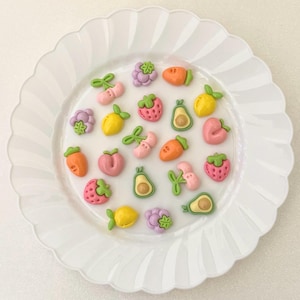 Cute Fruit & Veggie Shoe Charms | lemon, cherries, carrot, peach, avocado, grapes, strawberry shoe plugs. glossy finish.