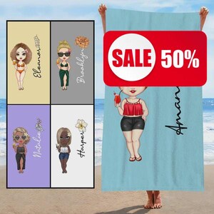 Personalized Birth Flower Cartoon Women Beach Towel - Multicolor Vacation Gift