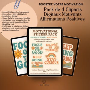 Pack de 4 Cliparts Digitaux Motivants – Style Vintage Rétro, Affirmations Positives pour Étudiants- Idéal pour Planners, Tote Bags