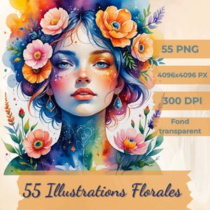 55 Illustrations Florales PNG 4096x4096 – Style Bohème Aquarelle – Pour Stickers, Mugs, T-Shirts & Planners