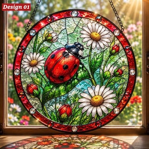 Könnte beinhalten: Ein runder Buntglas-Sonnenfänger mit einem roten Marienkäfer mit schwarzen Punkten auf grünen Blättern zwischen weißen Gänseblümchen und roten Knospen. Das Stück ist von einem roten Rand mit klaren Glasakzenten umgeben und enthält den Text Design 01.