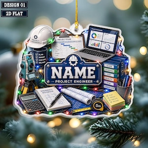 May include: A flat, decorative ornament featuring engineering tools including a white hard hat, a laptop displaying charts, a survey instrument, a calculator, a notebook, blueprints, a tape measure, and a stack of labeled project folders.