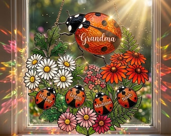 Ladybugs Family Suncatcher, Faux Stained Glass, Wildflowers Window Decor, Custom Mom Gift