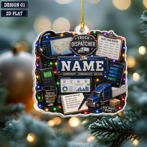 May include: A decorative ornament for a truck dispatcher featuring a map, a load board, a radio, a coffee mug labeled 'COFFEE DISPATCH REPEAT', a laptop with charts, a checklist, and a blue semi-truck, all surrounded by colorful string lights.