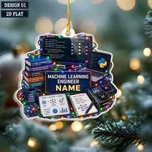 May include: A decorative ornament featuring a stack of books, a laptop, a GPU, a mug labeled 'EAT CODE TRAIN REPEAT', and a notepad with machine learning diagrams. The center sign reads 'MACHINE LEARNING ENGINEER NAME' surrounded by colorful string lights.