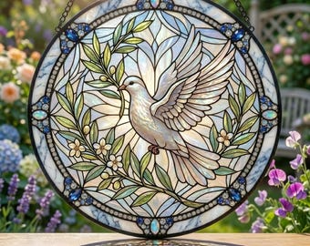 White Dove Stained Glass Suncatcher: Olive Flower Inspired Decor For Serenity Loving Spaces