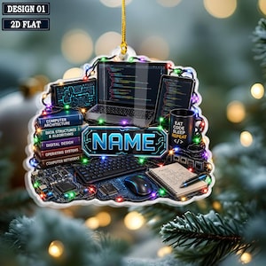 May include: A flat, decorative ornament featuring a computer setup with a laptop, keyboard, mouse, and books labeled Computer Architecture, Data Structures, and Algorithms. It includes a mug with the text EAT CODE SLEEP REPEAT and a name plate.