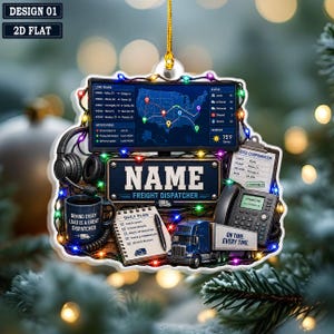 May include: A decorative ornament featuring a freight dispatcher theme with a computer monitor displaying a map, a headset, a mug with text, a notepad, a landline phone, and a semi-truck, all wrapped in colorful string lights.