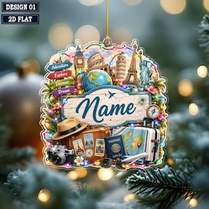 May include: A flat, decorative hanging ornament featuring travel-themed illustrations including a globe, suitcase, camera, passport, and landmarks like the Eiffel Tower. The center displays the text Name, surrounded by colorful string lights.