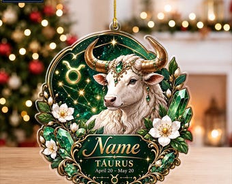 Personalized Taurus Zodiac Christmas Ornament, Custom Name Bull Keepsake