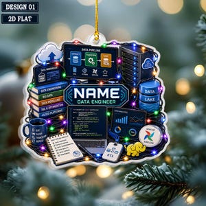 May include: A flat, decorative ornament featuring data engineering themes including a server rack, a laptop with code, a data pipeline diagram, a blue mug, a notebook, and a yellow elephant figurine, all wrapped in colorful string lights.